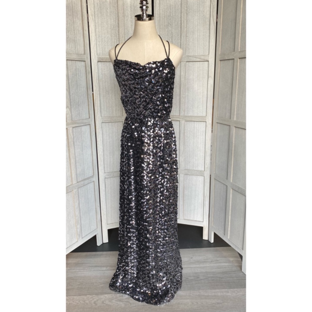 Vintage Norman Berg for Denise Fashions Gunmetal Sequin Maxi Halter Dress